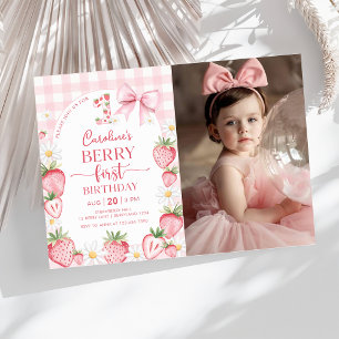 Invitación Coquette Bow Strawberry Berry Primera foto de cump