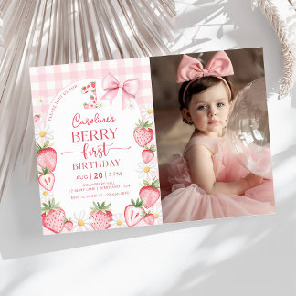 Invitación Coquette Bow Strawberry Berry Primera foto de cump