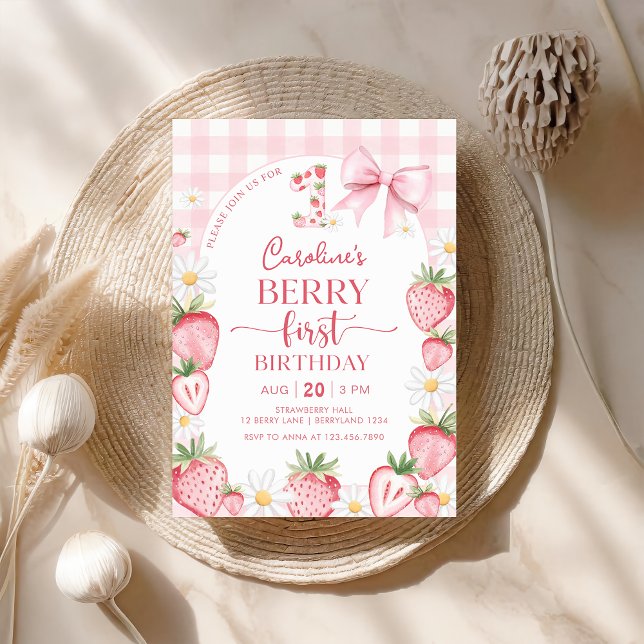 Invitación Coquette Bow Strawberry Primer cumpleaños (Subido por el creador)