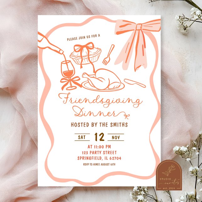 Invitación Coquette Bow Wavy Hand Drawn Friendding (Subido por el creador)