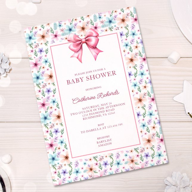 Invitación Coquette Bow Wildflower Chica Baby Shower Floral (Subido por el creador)