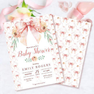 Invitación Coquette Bow y Florals Baby Shower