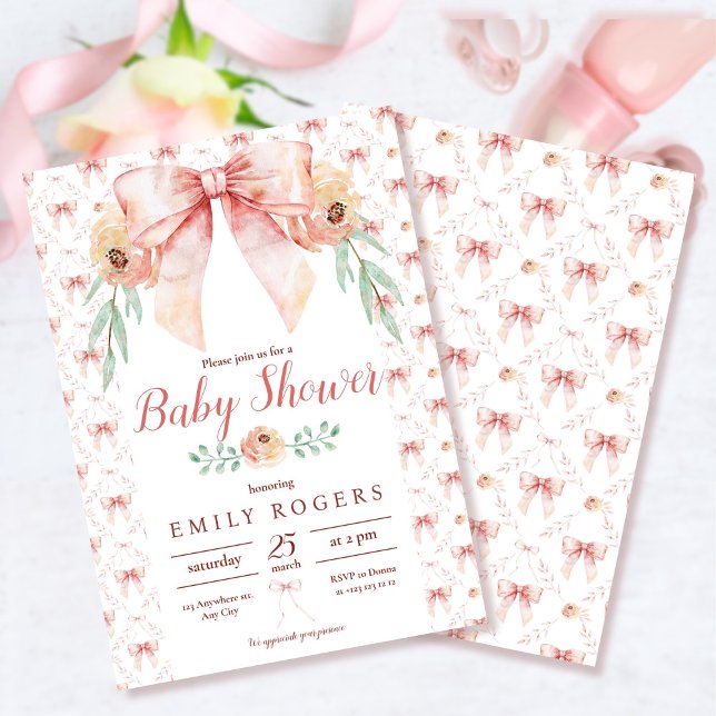 Invitación Coquette Bow y Florals Baby Shower (Subido por el creador)
