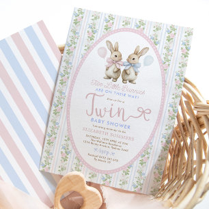 Invitación Coquette Bunny Balloon Boy Chica Twin Baby Shower