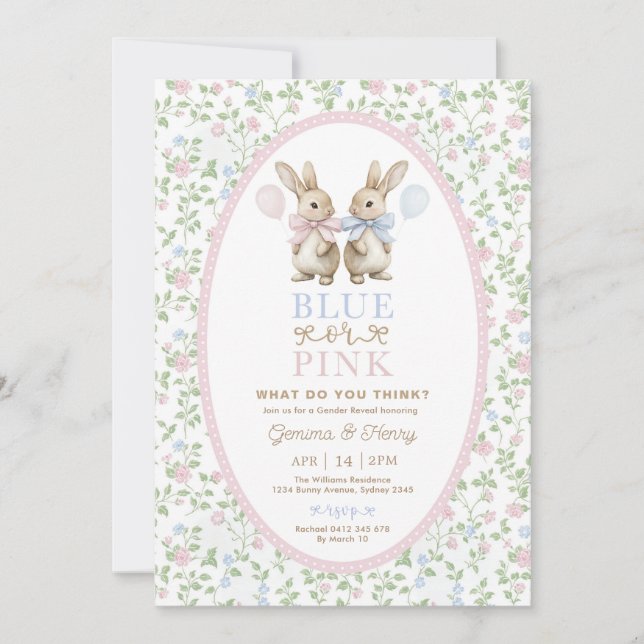 Invitación Coquette Bunny Blue or Pink Gender Reveal (Anverso)