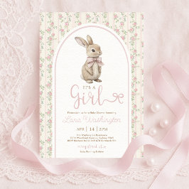 Invitación Coquette Bunny Pink Bow Roses Girl Baby Shower