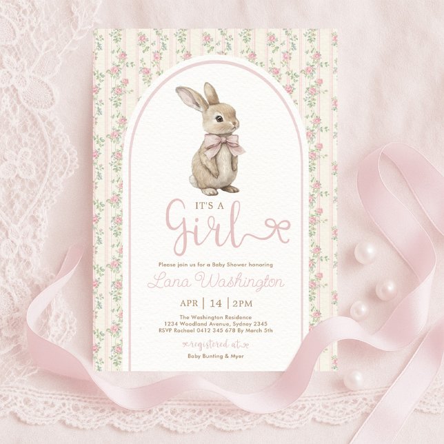 Invitación Coquette Bunny Pink Bow Roses Girl Baby Shower (Subido por el creador)