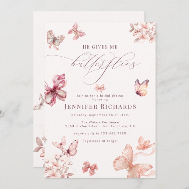 Invitación Coquette Butterfly | Elegante ducha de novia (Anverso / Reverso)