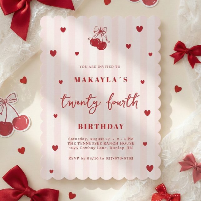 Invitación Coquette Cherry 24th Heart Aesthetic Birthday (Subido por el creador)