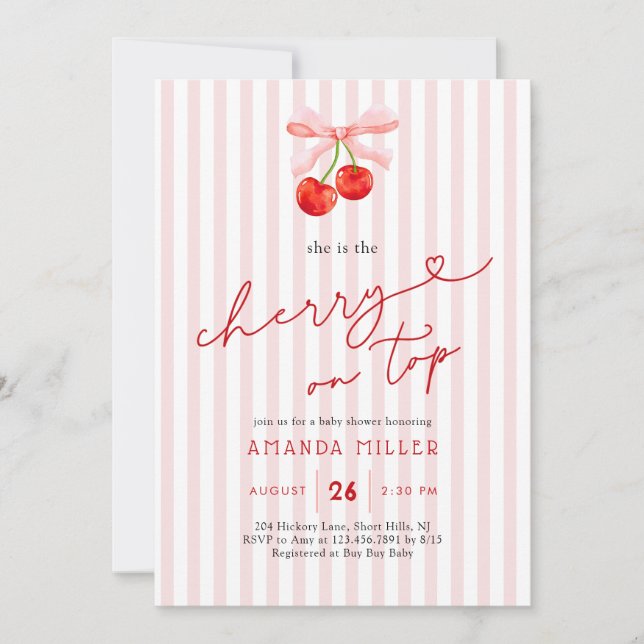 Invitación Coquette Cherry en Top Baby Girl Shower (Anverso)