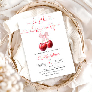 Invitación Coquette Cherry en Top Bow Baby Shower