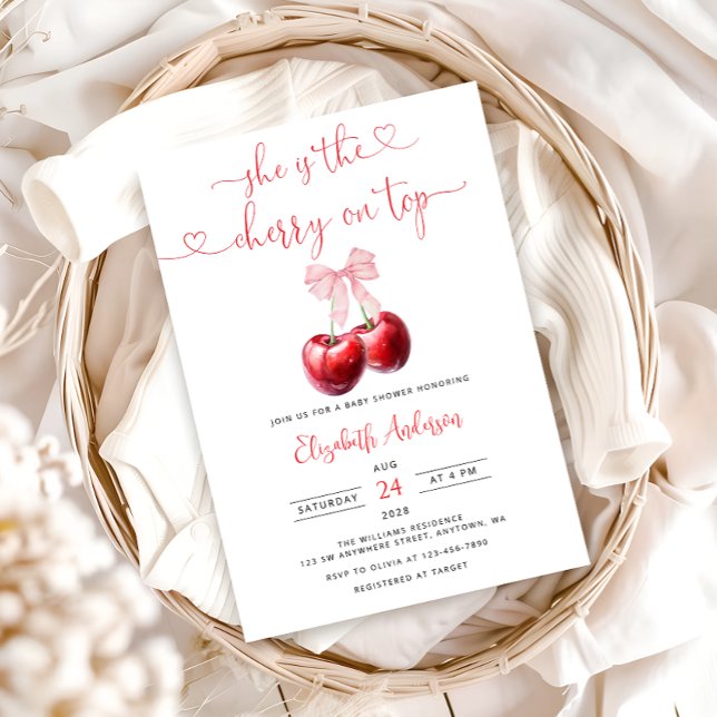 Invitación Coquette Cherry en Top Bow Baby Shower (Subido por el creador)