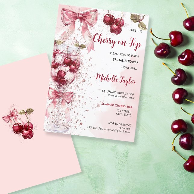 Invitación Coquette Cherry en Top Bow Cocktail Bridal Shower (blush pink watercolor cherry cocktail with a bow)