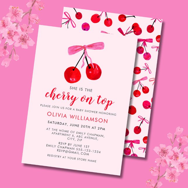 Invitación Coquette Cherry en Top Chica Baby Shower (Cherry on Top Baby Shower invitation with coquette cherries and pink ribbon bow)