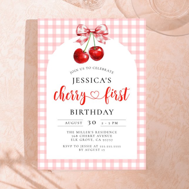 Invitación Coquette Cherry First Birday Red Cherry Birthday (Subido por el creador)