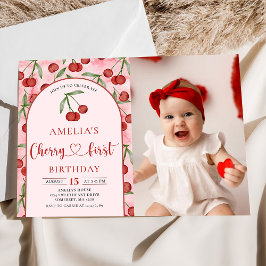 Invitación Coquette Cherry First Birday Red Cherry Birthday