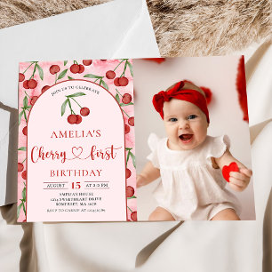 Invitación Coquette Cherry First Birday Red Cherry Birthday