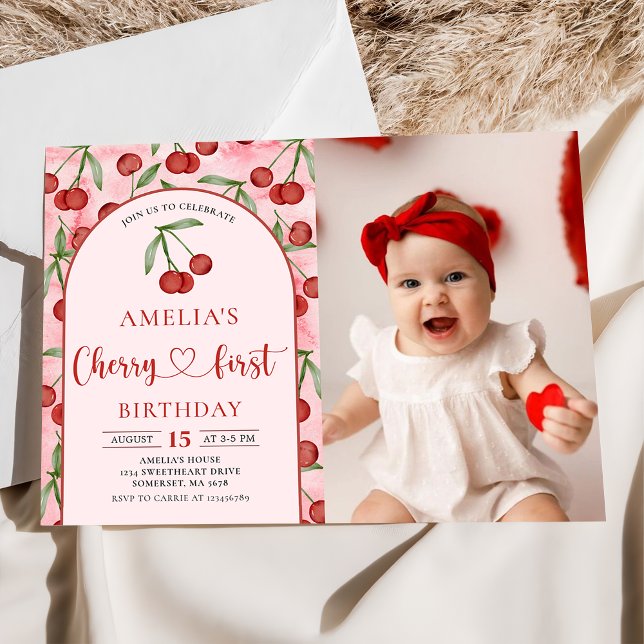 Invitación Coquette Cherry First Birday Red Cherry Birthday (Subido por el creador)