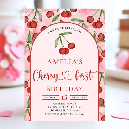 Invitación Coquette Cherry First Birday Red Cherry Birthday