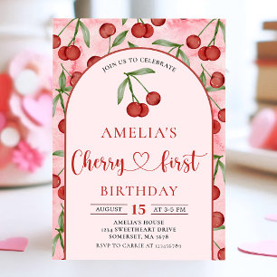 Invitación Coquette Cherry First Birday Red Cherry Birthday