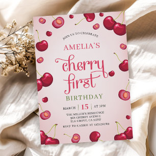Invitación Coquette Cherry First Birday Red Cherry Birthday