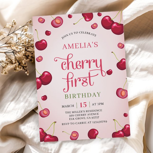 Invitación Coquette Cherry First Birday Red Cherry Birthday (Subido por el creador)
