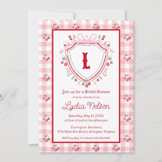 Invitación Coquette Cherry Monogam Bridal Shower (Anverso)