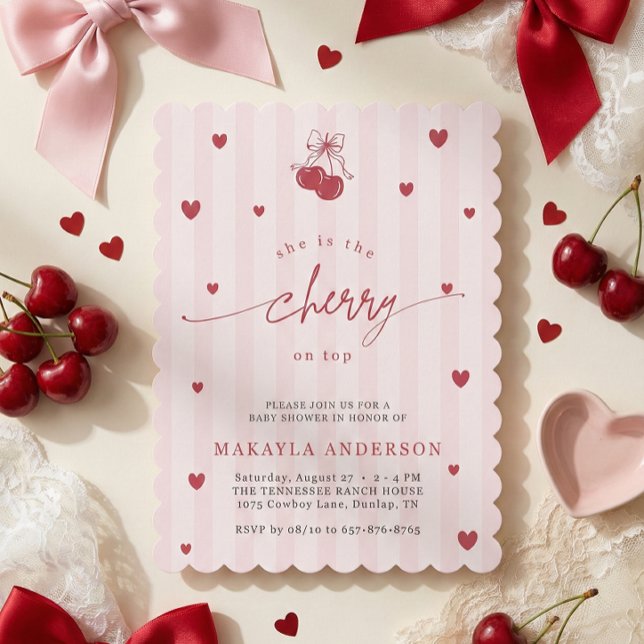 Invitación Coquette Cherry on Top Bow Baby Girl Shower (Subido por el creador)
