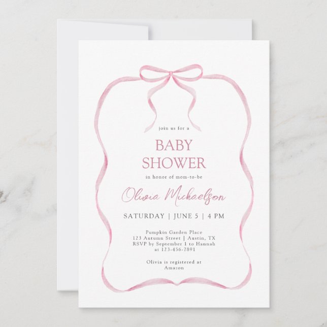 Invitación Coquette Cinta rosa Bow Elegante Chica Baby Shower (Anverso)