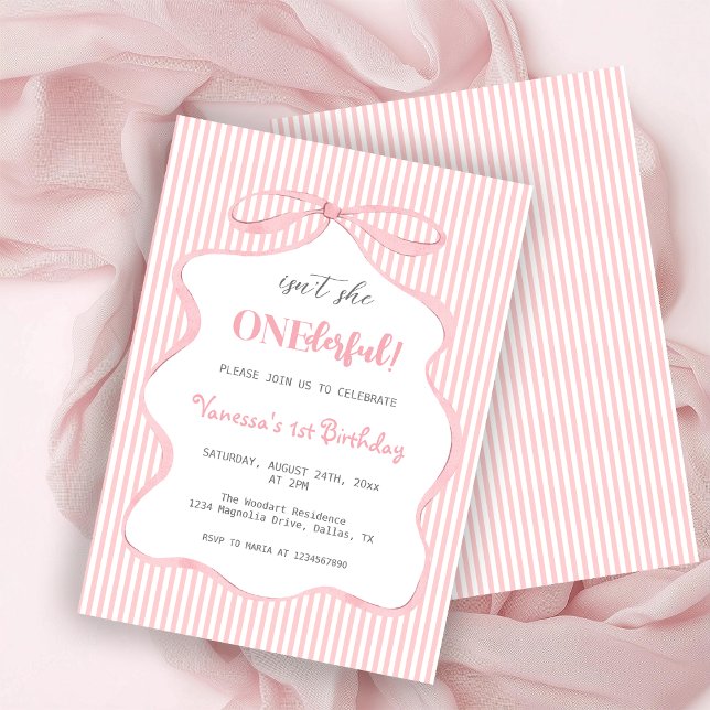 Invitación Coquette Cute Pink Bow Girl First Birthday (Subido por el creador)