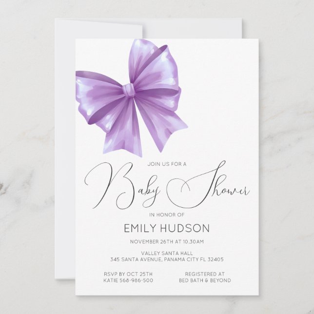 Invitación Coquette de Lazo Morado Editable (Anverso)