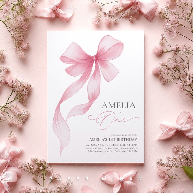 Invitación Coquette de lazo rosa cumpleaños 1  (Pink Bow 1st Birthday Invitation Girls invite)