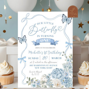Invitación Coquette Dusty Blue Floral Butterfly Cumpleaños