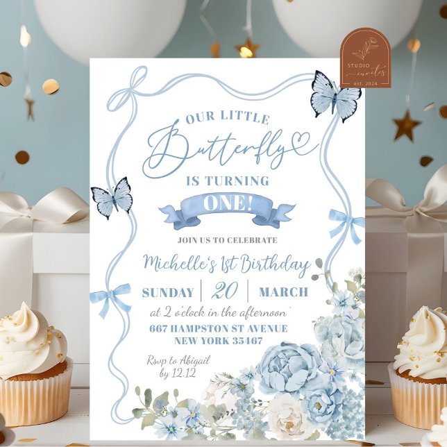 Invitación Coquette Dusty Blue Floral Butterfly Cumpleaños (Subido por el creador)