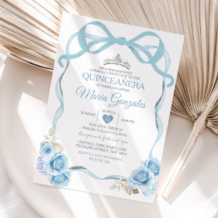 Invitación Coquette Dusty Blue Quinceañera Silver Crown