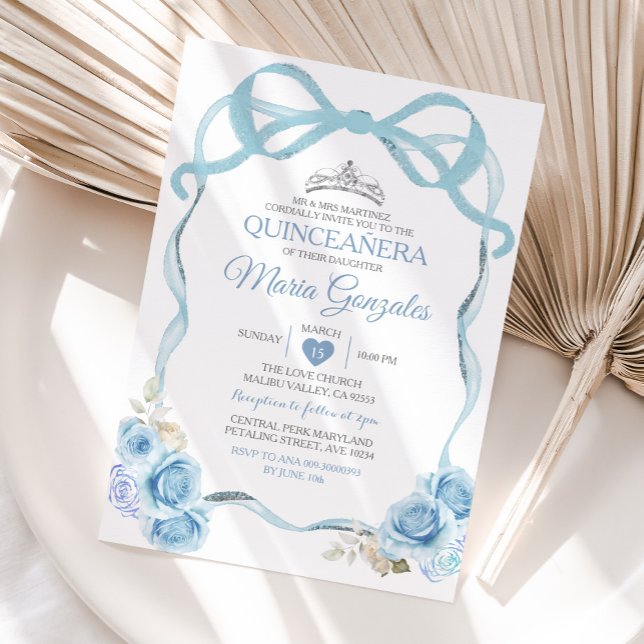 Invitación Coquette Dusty Blue Quinceañera Silver Crown (Subido por el creador)