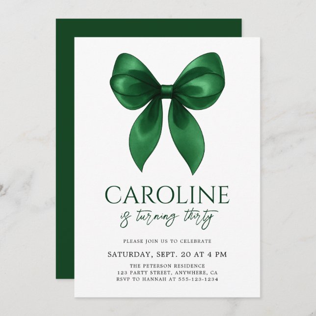 Invitación Coquette Elegant Emerald Bow Adult Birthday Party (Anverso / Reverso)