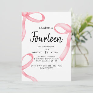 Invitación Coquette Fancy Bow Cinta Rosa 14º cumpleaños Chica