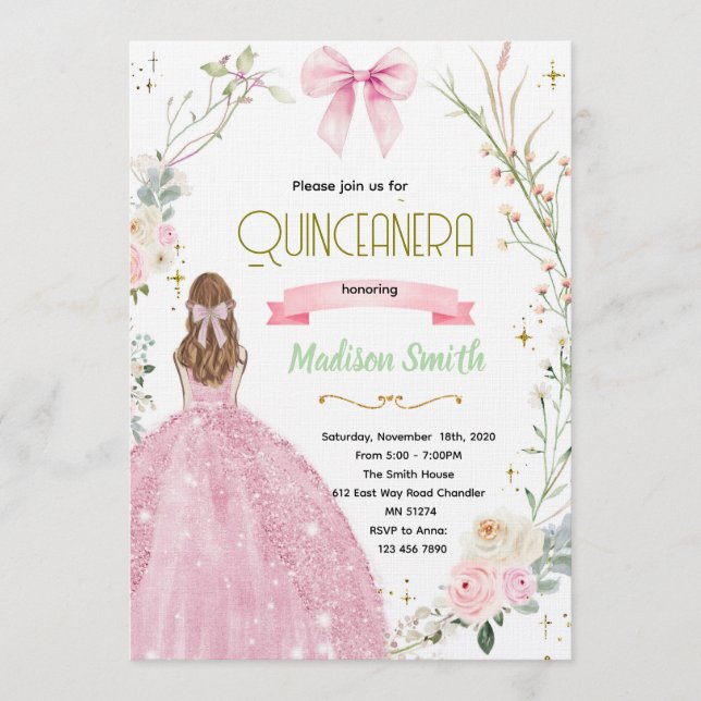Invitación Coquette Floral bow Quinceanera Invitation (Anverso)