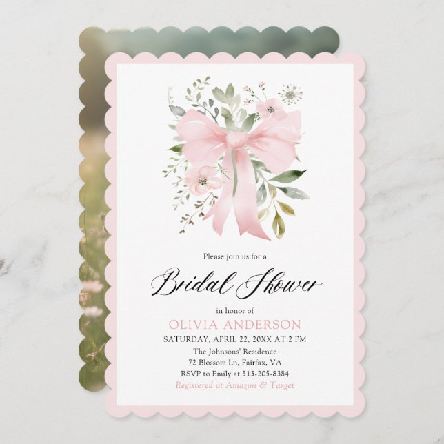 Invitación Coquette Floral Floral de vaca rosa Ducha de novia (Anverso / Reverso)