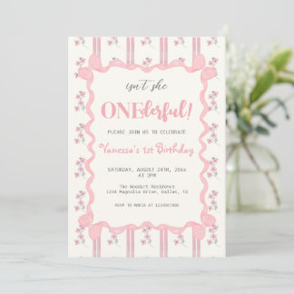 Invitación Coquette Floral Pink Bow Girl First Birthday