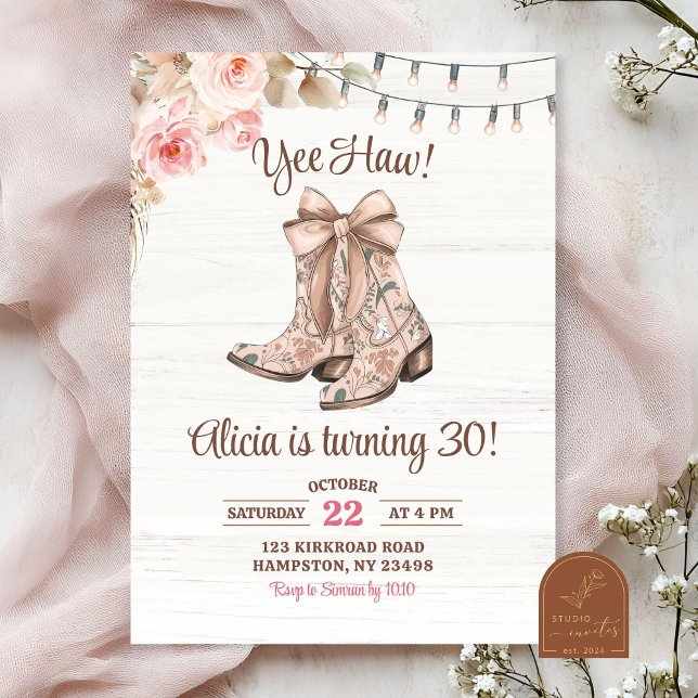Invitación Coquette Floral Rosa Boots Cumpleaños (Subido por el creador)