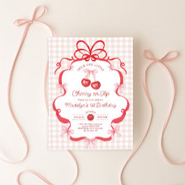 Invitación Coquette Gingham Cherry First 1st Birthday Party