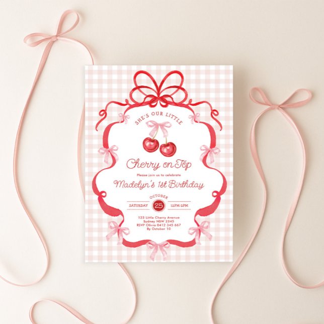 Invitación Coquette Gingham Cherry First 1st Birthday Party (Subido por el creador)