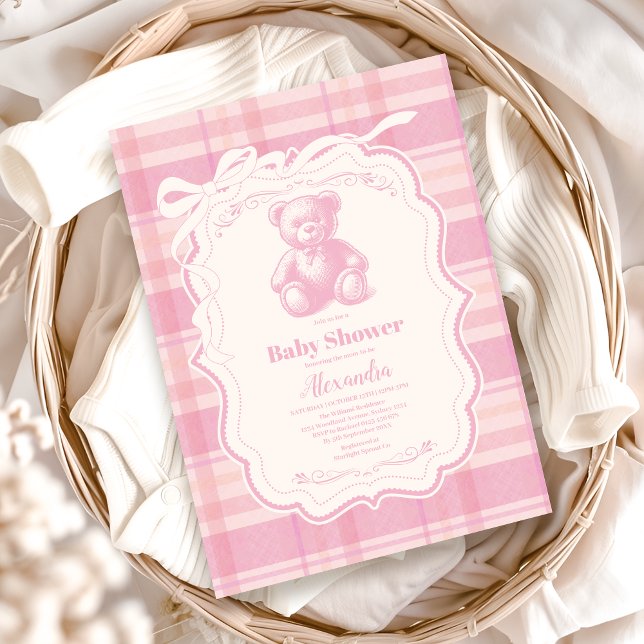 Invitación Coquette Gingham French Teddy Bear Baby Shower (Subido por el creador)
