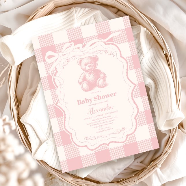 Invitación Coquette Gingham French Teddy Bear Baby Shower (Subido por el creador)