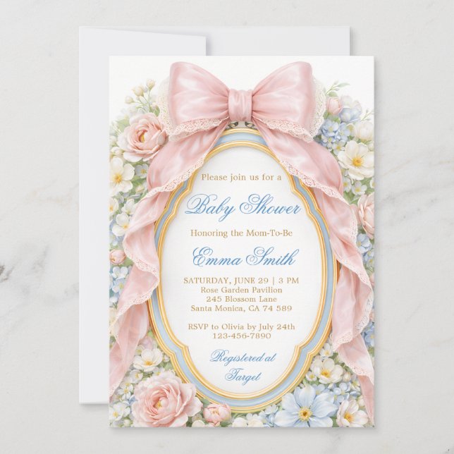 Invitación Coquette Girly Pink Bow Floral Baby Shower (Anverso)