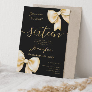 Invitación Coquette Gold Bow Sweet 16 Cumpleaños Negro