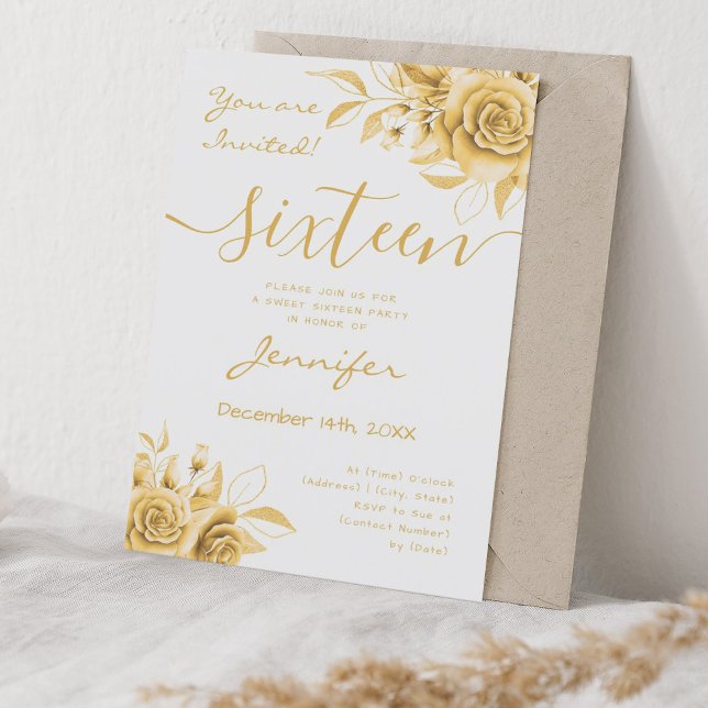 Invitación Coquette Gold Sweet 16 Glam Floral (Coquette Gold Sweet 16 Floral Glam Invitation)