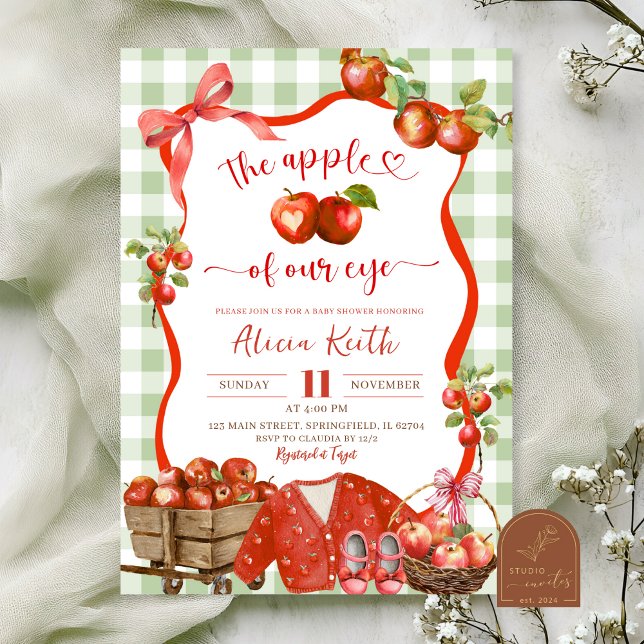 Invitación Coquette Green Plaid Apple Of Our Eye Baby Shower (Subido por el creador)